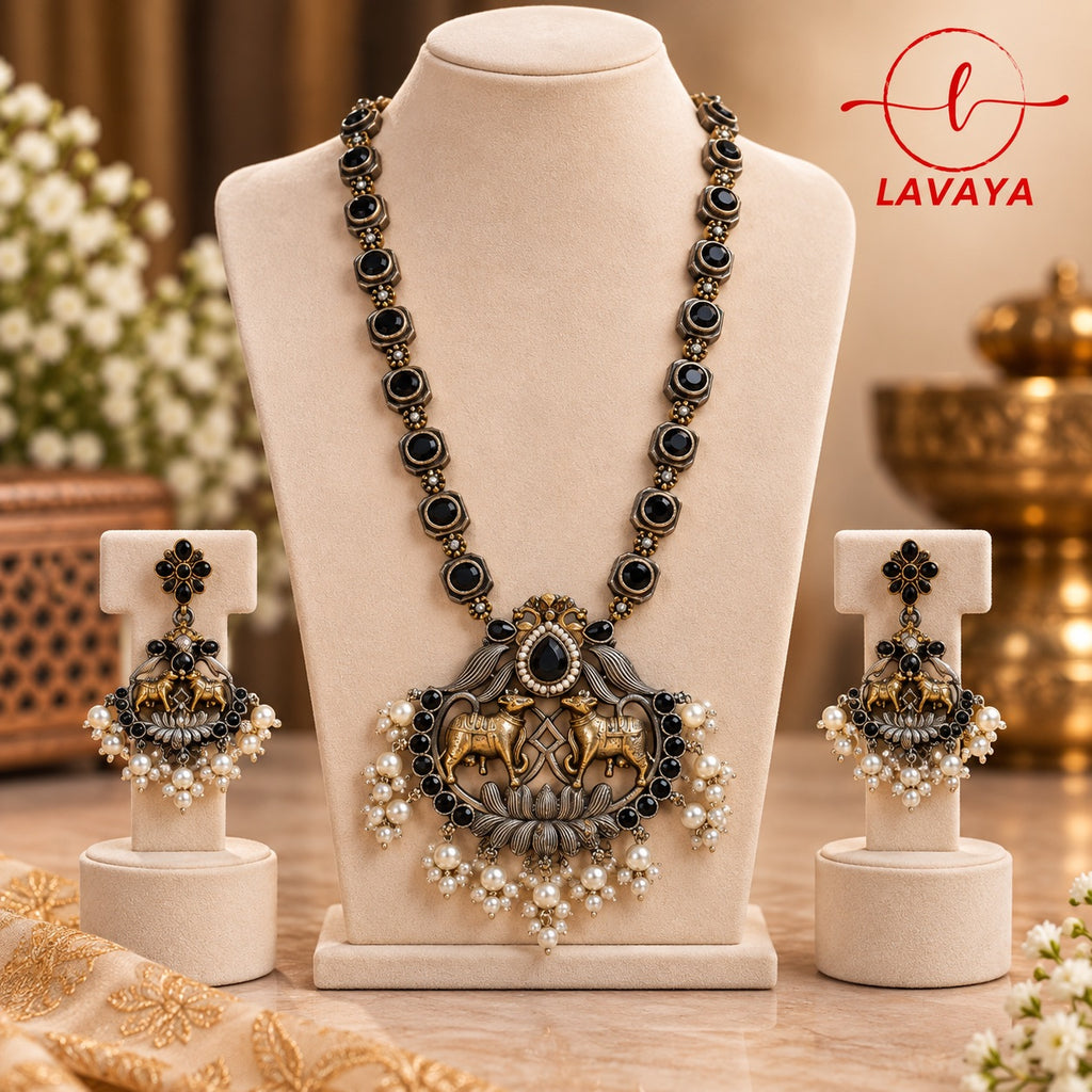 Dual-Tone Kamadhenu Cow Motif Long Haram Set with Black Stones & Pearl Clusters