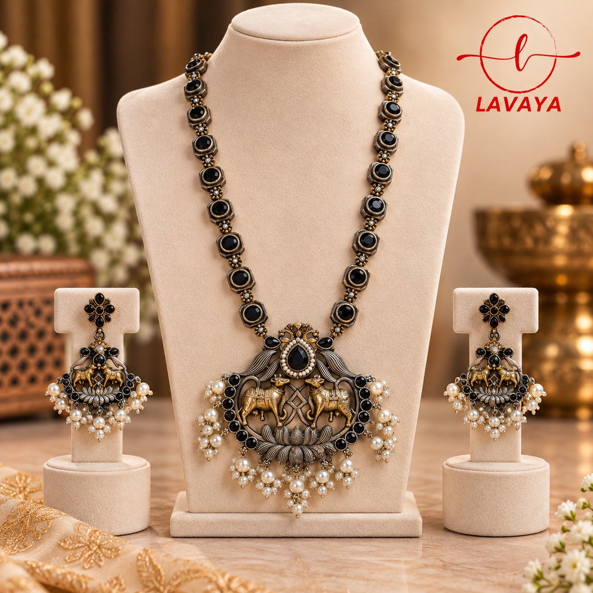 Dual-Tone Kamadhenu Cow Motif Long Haram Set with Black Stones & Pearl Clusters