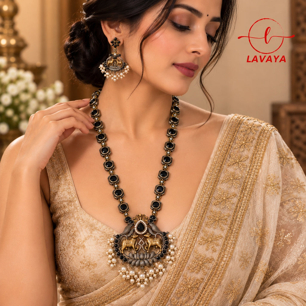 Dual-Tone Kamadhenu Cow Motif Long Haram Set with Black Stones & Pearl Clusters