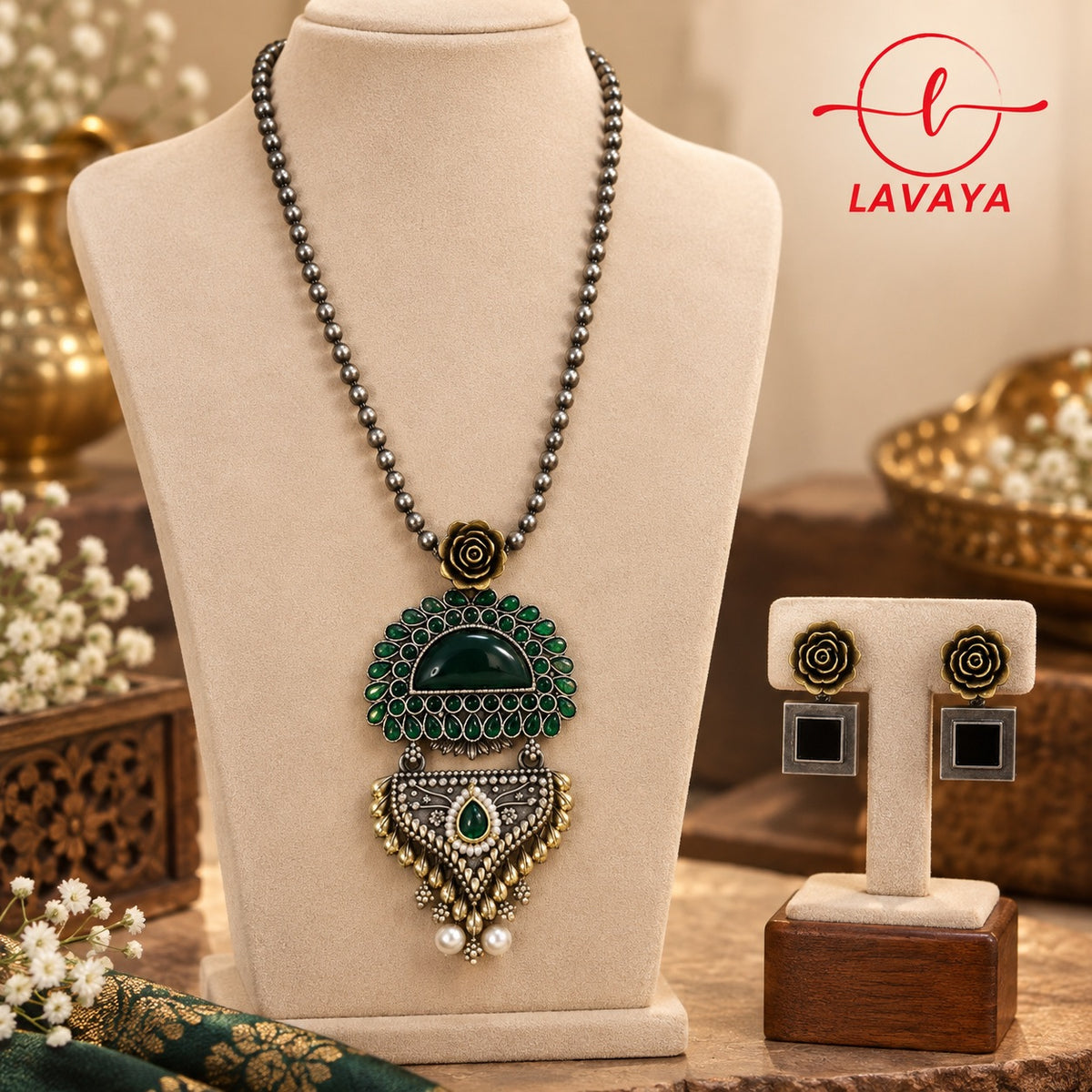 Dual-Tone Oxidized Silver & Emerald Green Tiered Statement Pendant Long Necklace Set