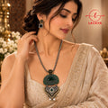 Dual-Tone Oxidized Silver & Emerald Green Tiered Statement Pendant Long Necklace Set