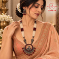 Traditional Antique Oxidized Pearl Mala Long Necklace with Maroon Stones, Peacock Pendant & Matching Earrings for Women