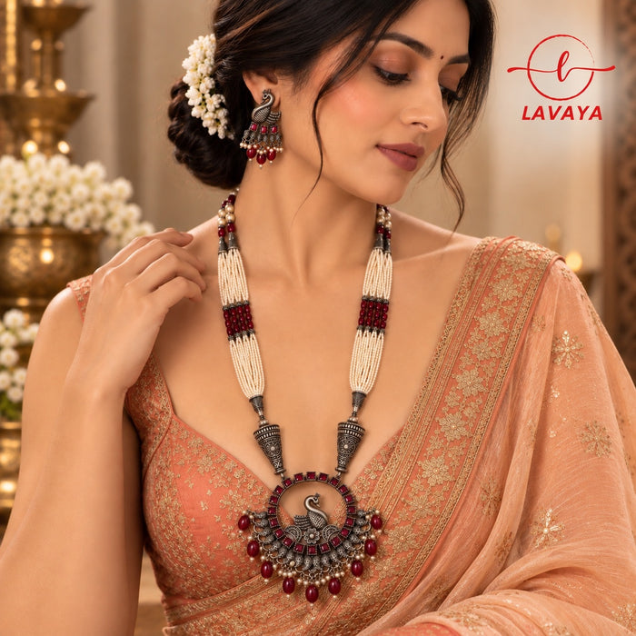 Traditional Antique Oxidized Pearl Mala Long Necklace with Maroon Stones, Peacock Pendant & Matching Earrings for Women