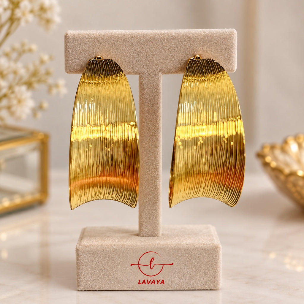 Lavaya Premium Textured Gold Statement Earrings for Women – Elegant Curved Geometric Drop Earrings with Modern Metallic Finish