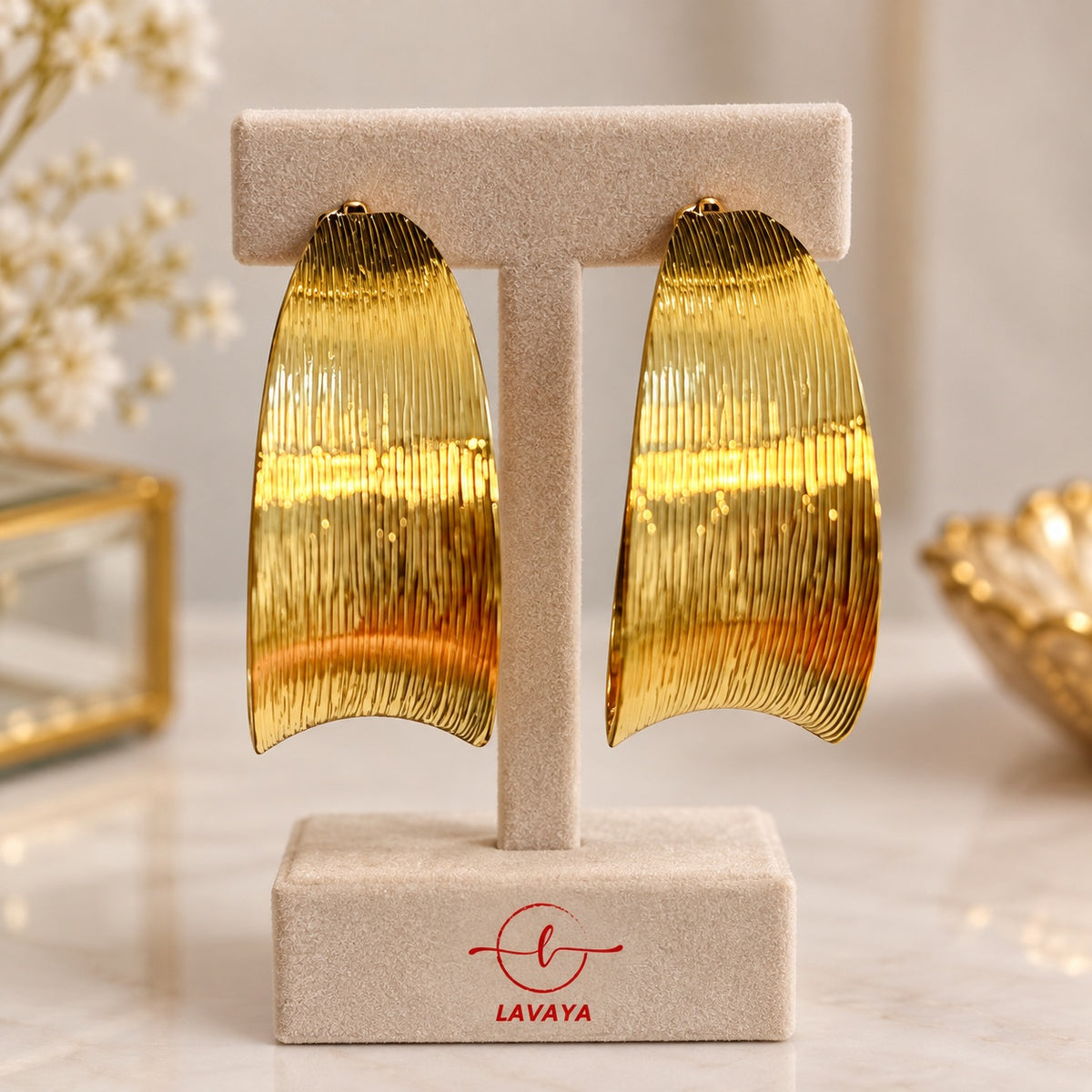 Lavaya Premium Textured Gold Statement Earrings for Women – Elegant Curved Geometric Drop Earrings with Modern Metallic Finish