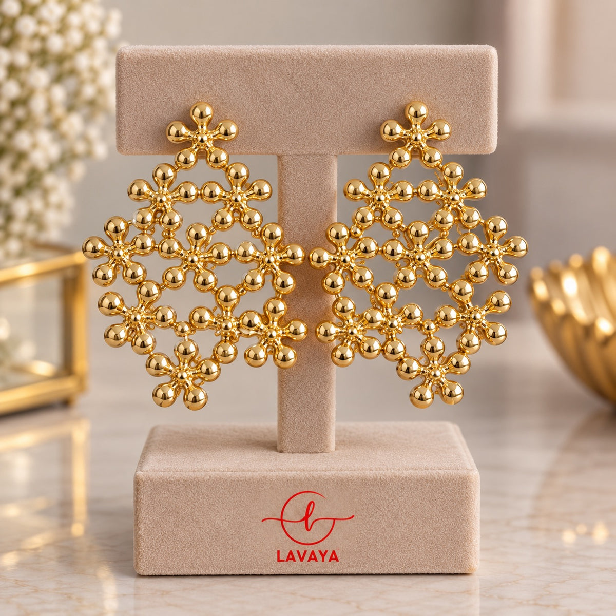 High-Polish Spherical Bead Openwork Rhombus Earrings for Festive & Wedding Wear