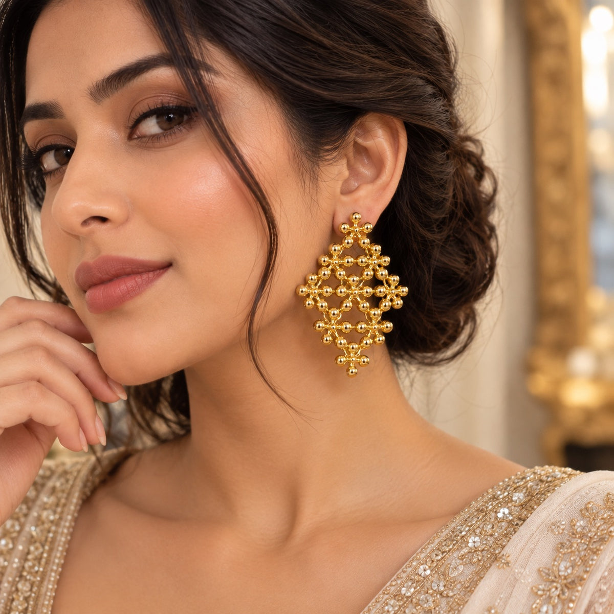 High-Polish Spherical Bead Openwork Rhombus Earrings for Festive & Wedding Wear