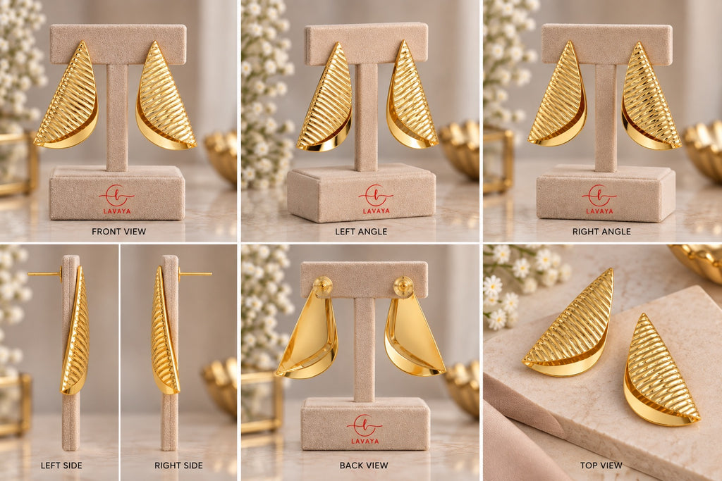 Sculptural Textured Gold Statement Stud Earrings – Ribbed Leaf Curved Drop Earrings