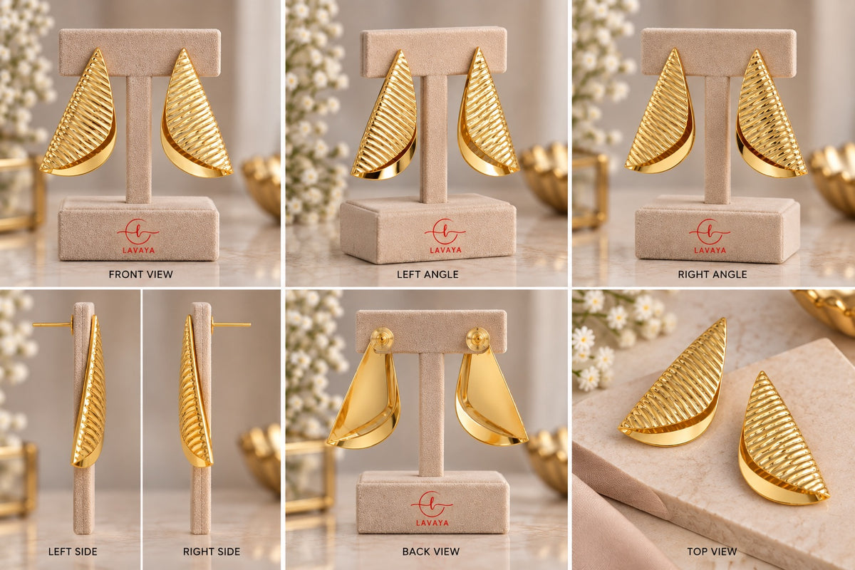 Sculptural Textured Gold Statement Stud Earrings – Ribbed Leaf Curved Drop Earrings
