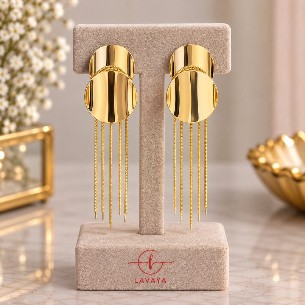 Geometric Double Disc Fringe Earrings – Long Linear Gold Tassel Drop Studs