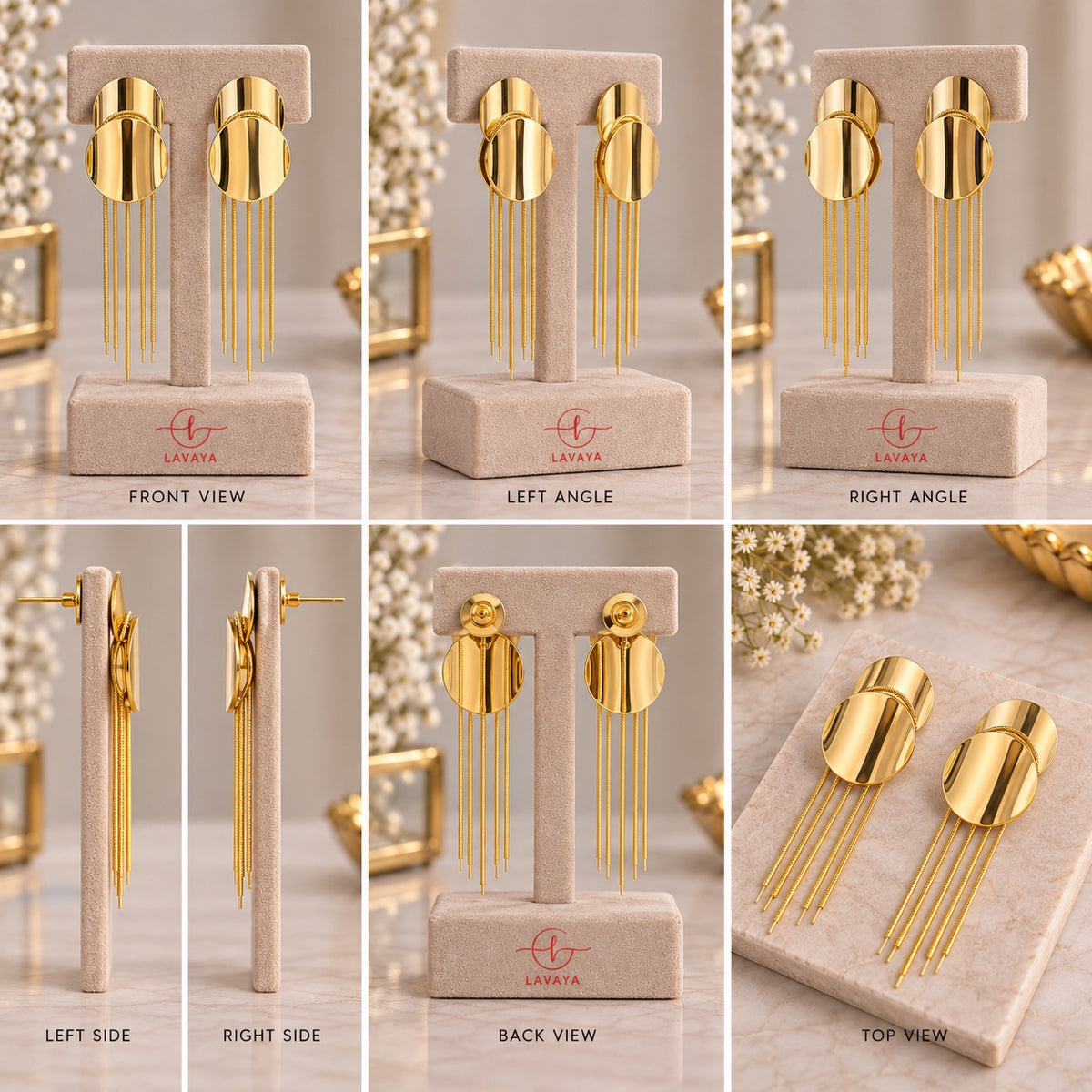 Geometric Double Disc Fringe Earrings – Long Linear Gold Tassel Drop Studs