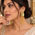 Geometric Double Disc Fringe Earrings – Long Linear Gold Tassel Drop Studs