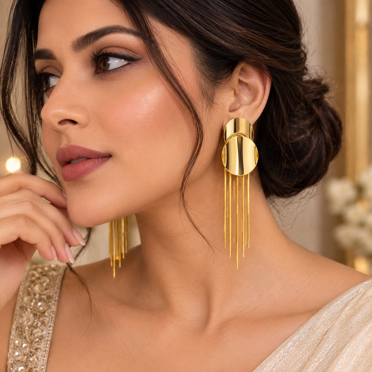 Geometric Double Disc Fringe Earrings – Long Linear Gold Tassel Drop Studs