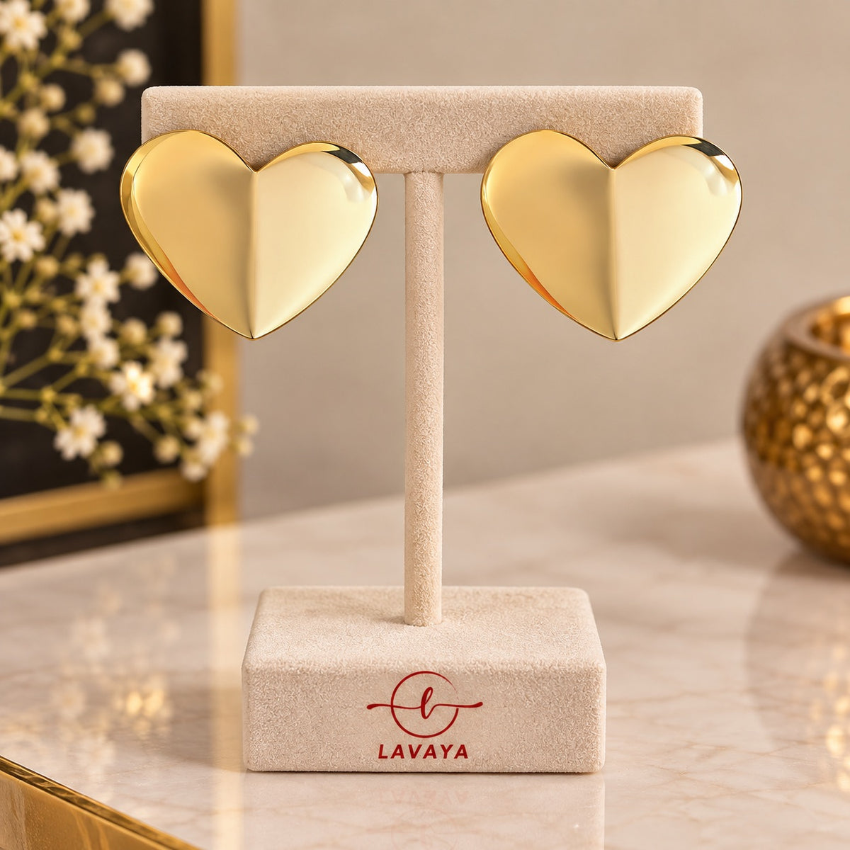 Sculptural Folded Gold Heart Statement Stud Earrings – 3D Geometric Heart Studs