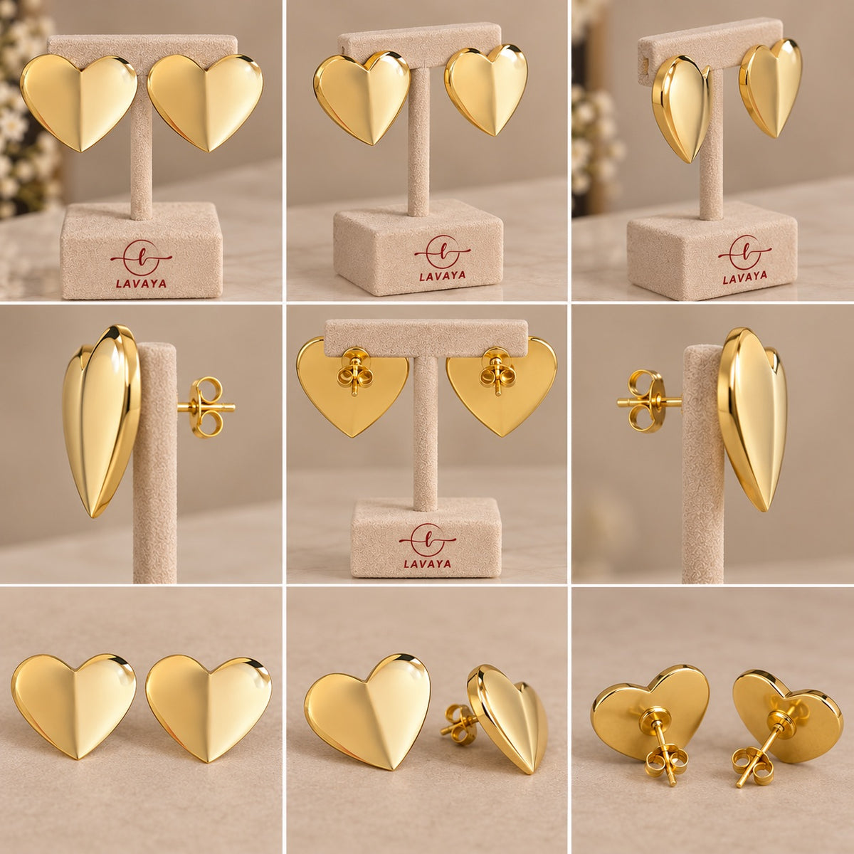 Sculptural Folded Gold Heart Statement Stud Earrings – 3D Geometric Heart Studs