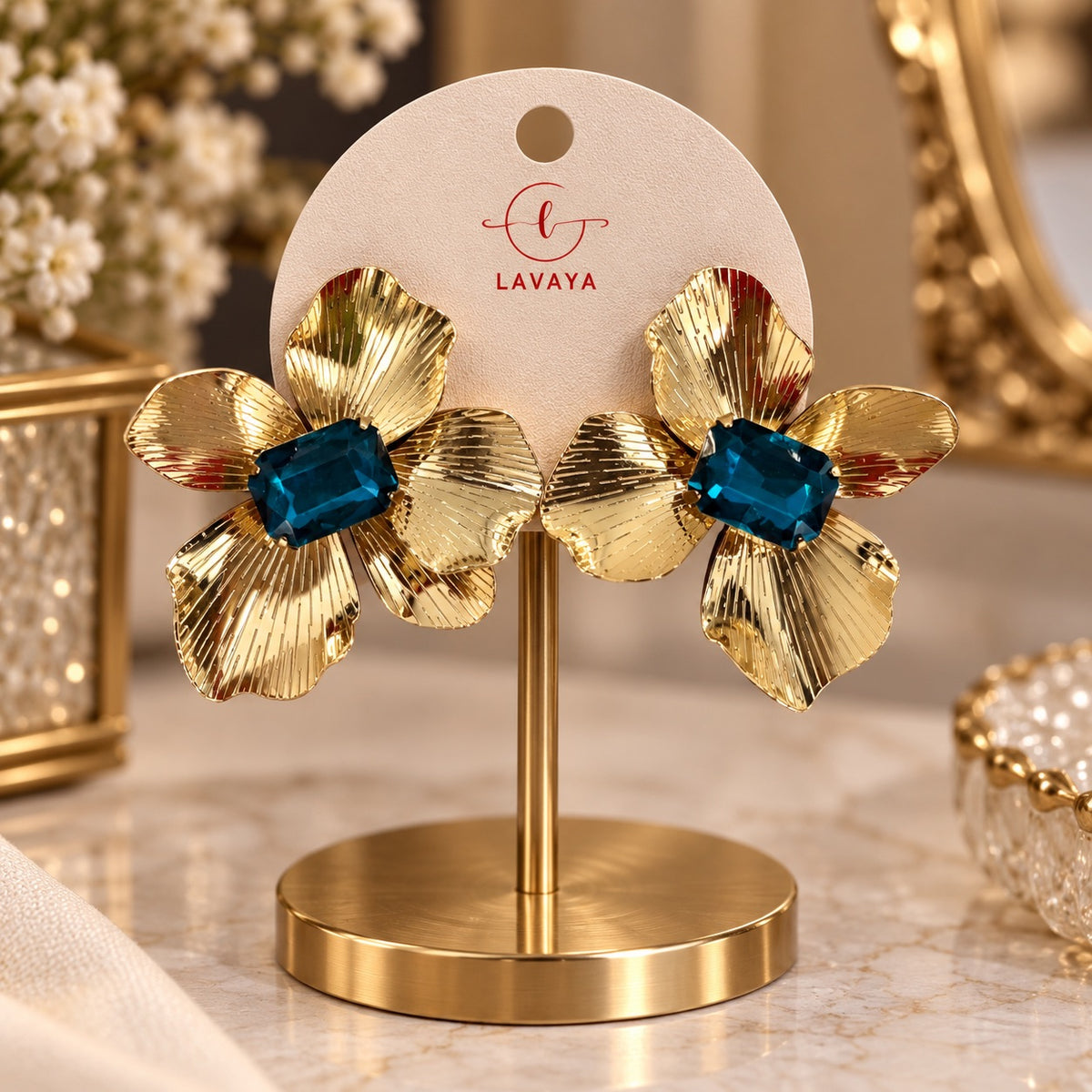 Gilded Fluted Floral Statement Stud Earrings with Emerald Blue Faceted Stone – Blooming Gold Flower Studs