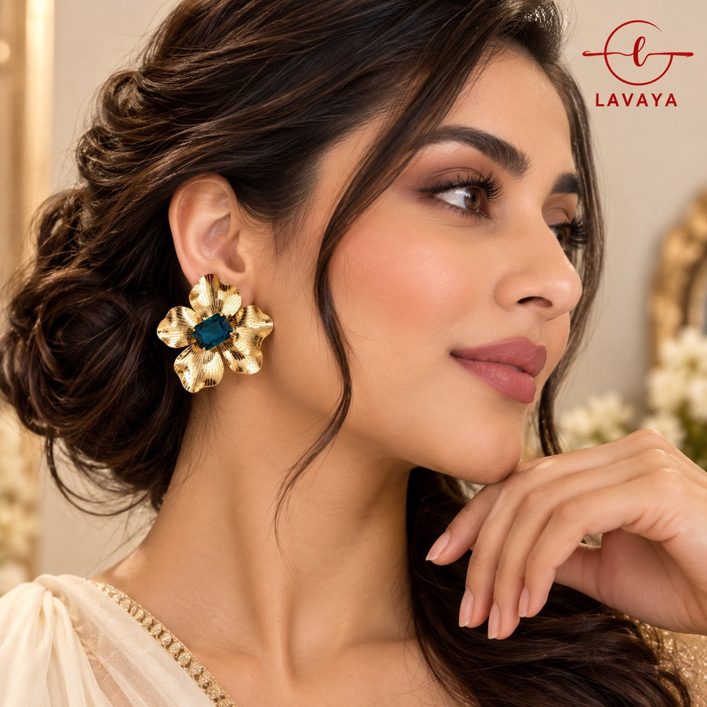 Gilded Fluted Floral Statement Stud Earrings with Emerald Blue Faceted Stone – Blooming Gold Flower Studs