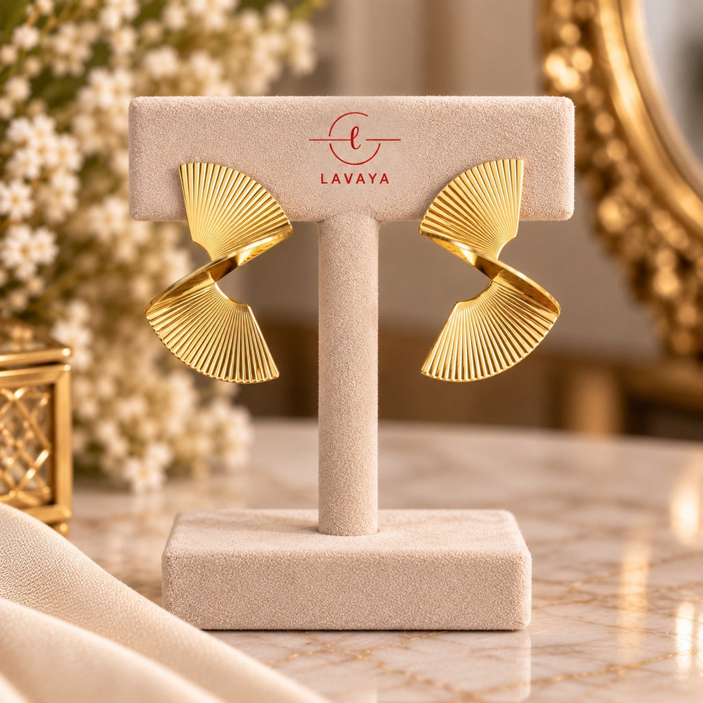 Elegant Gold-Tone Twisted Fan-Shaped Statement Earrings for Women