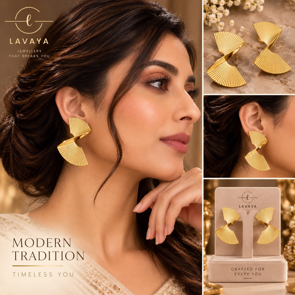 Elegant Gold-Tone Twisted Fan-Shaped Statement Earrings for Women