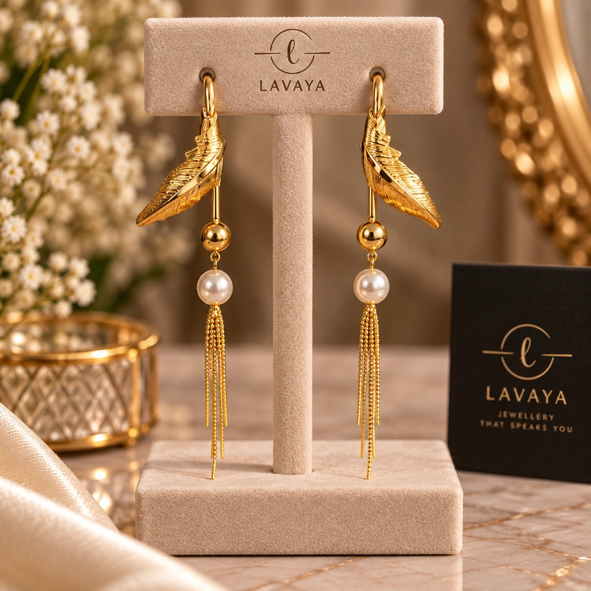 Gold Textured Feather Drop Earrings with Luminous Pearl & Chain Tassels – Long Linear Statement Dusters