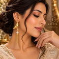 Gold Textured Feather Drop Earrings with Luminous Pearl & Chain Tassels – Long Linear Statement Dusters
