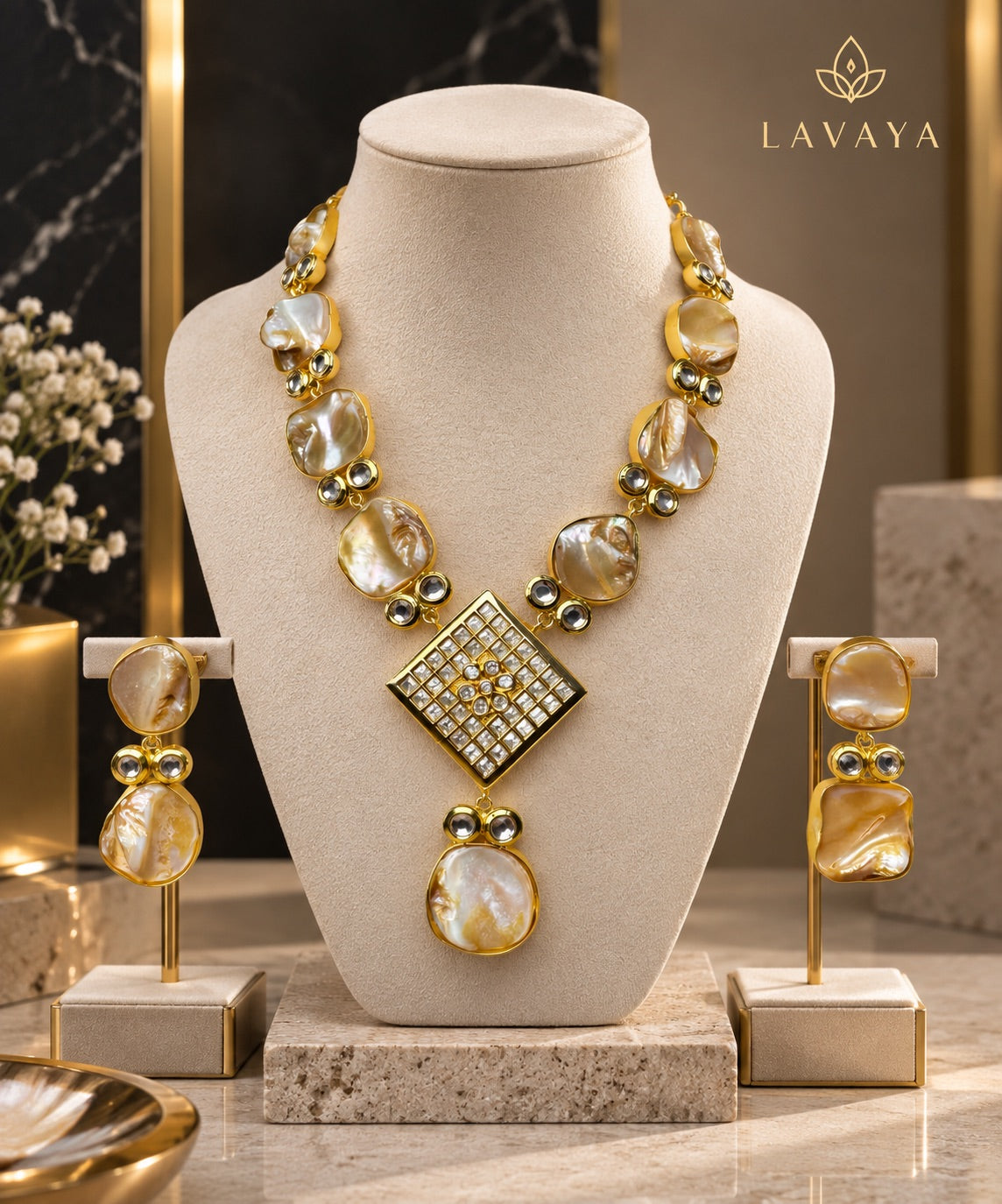 Lavaya Royal Ivory Pearl & Gold-Tone Geometric Crystal Statement Necklace with Matching Drop Earrings Jewellery Set