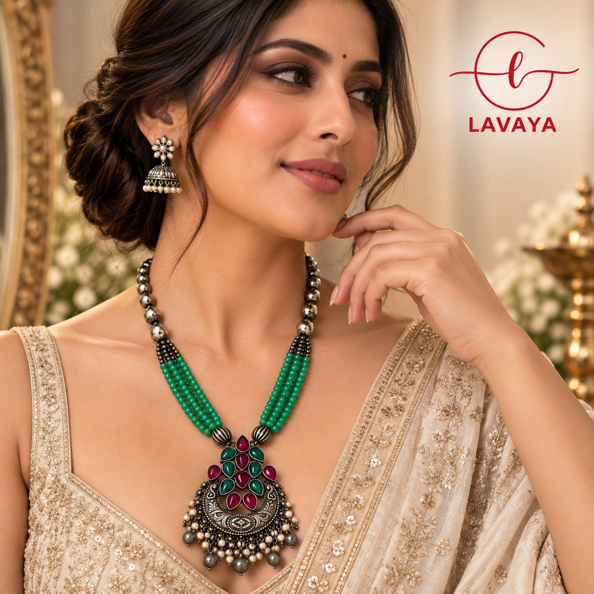 LAVAYA Handcrafted Oxidized Silver Semi-Long Necklace with Green Crystal Beads & Pearl Jhumkas