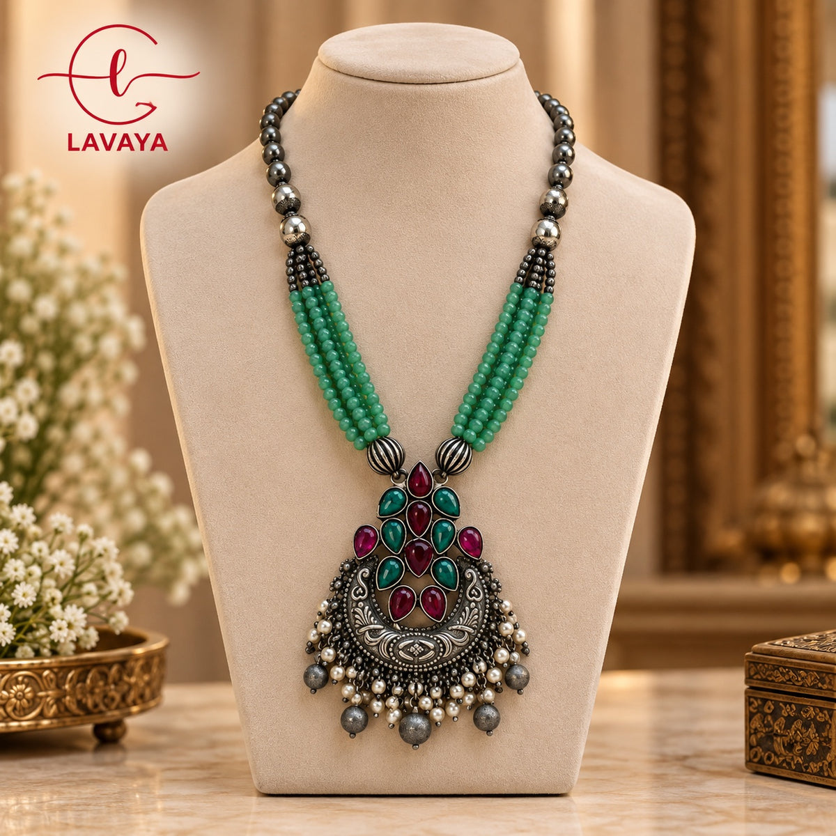 LAVAYA Handcrafted Oxidized Silver Semi-Long Necklace with Green Crystal Beads & Pearl Jhumkas