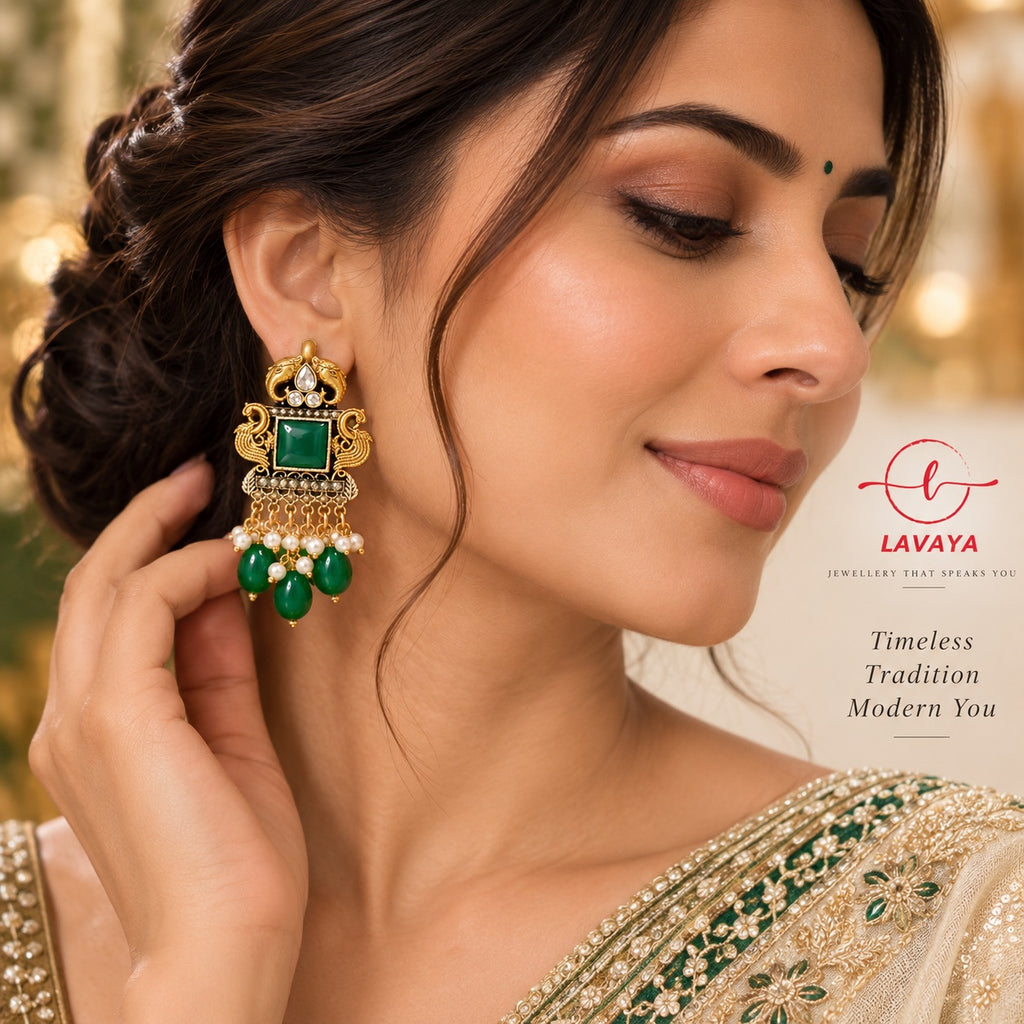 Lavaya Royal Emerald Green Stone Antique Gold-Toned Peacock & Elephant Statement Earrings