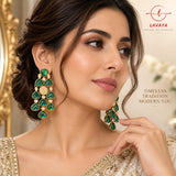 Lavaya Royal Emerald Green Chandelier Earrings with Polki & Medallion Accent