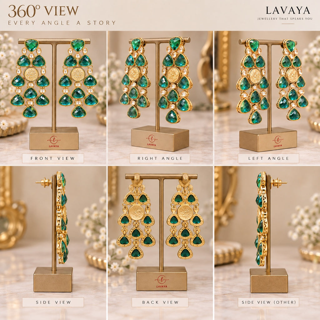 Lavaya Royal Emerald Green Chandelier Earrings with Polki & Medallion Accent