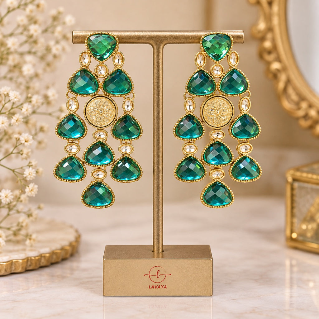 Lavaya Royal Emerald Green Chandelier Earrings with Polki & Medallion Accent