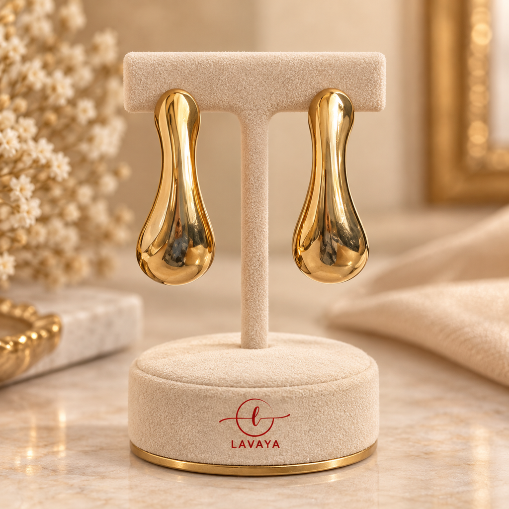 Lavaya Chunky Teardrop Gold Statement Earrings | Elongated Waterdrop Dangles