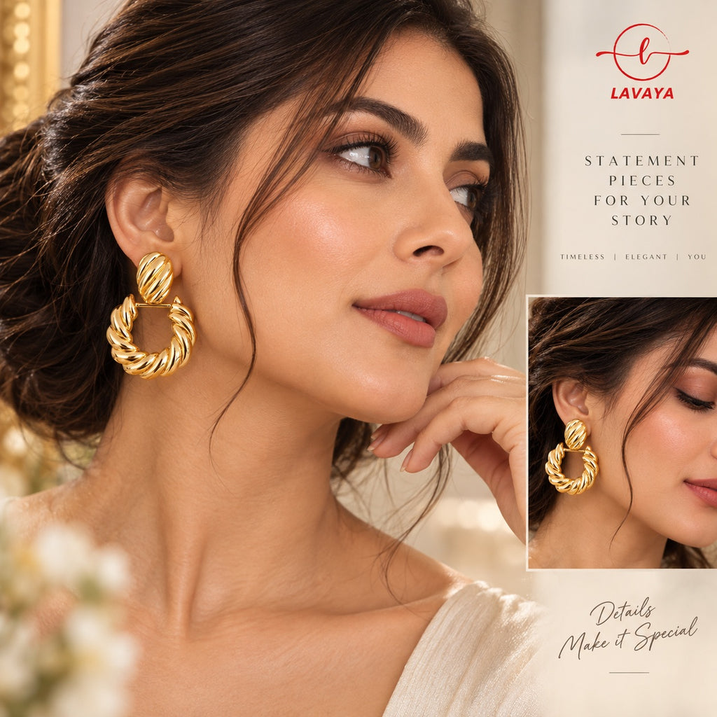 Lavaya Ribbed Croissant Gold Twisted Hoop Drop Earrings