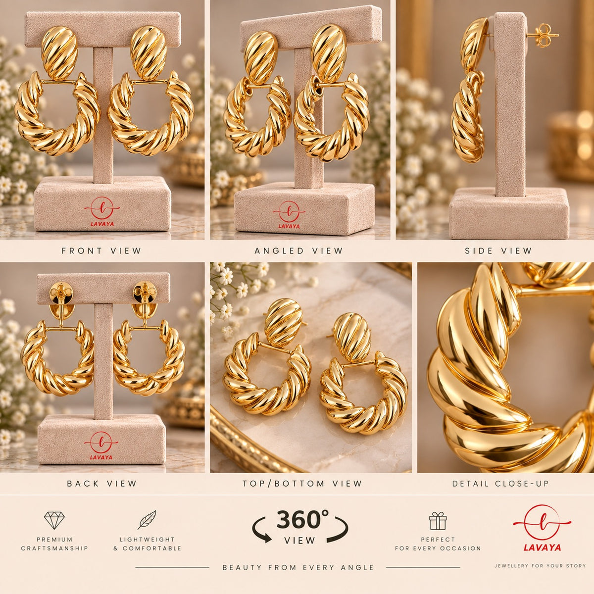 Lavaya Ribbed Croissant Gold Twisted Hoop Drop Earrings