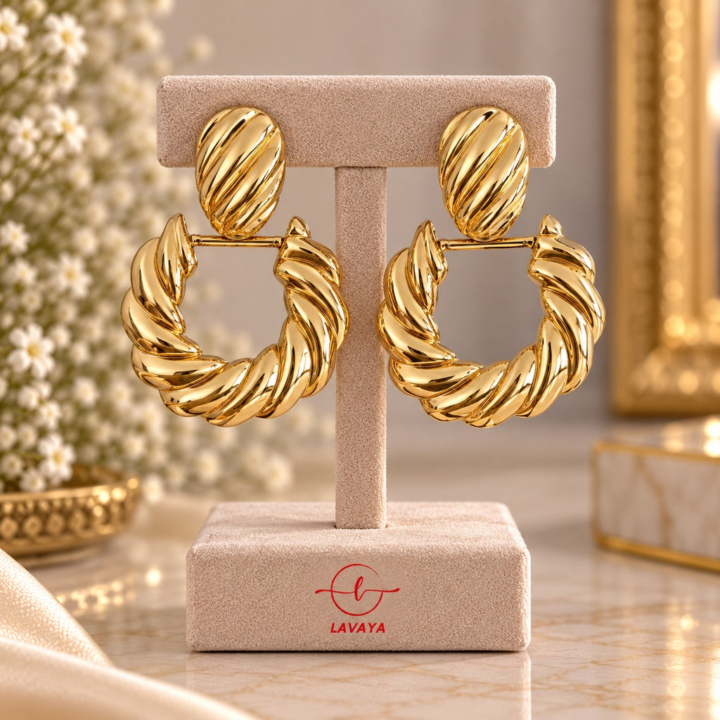 Lavaya Ribbed Croissant Gold Twisted Hoop Drop Earrings