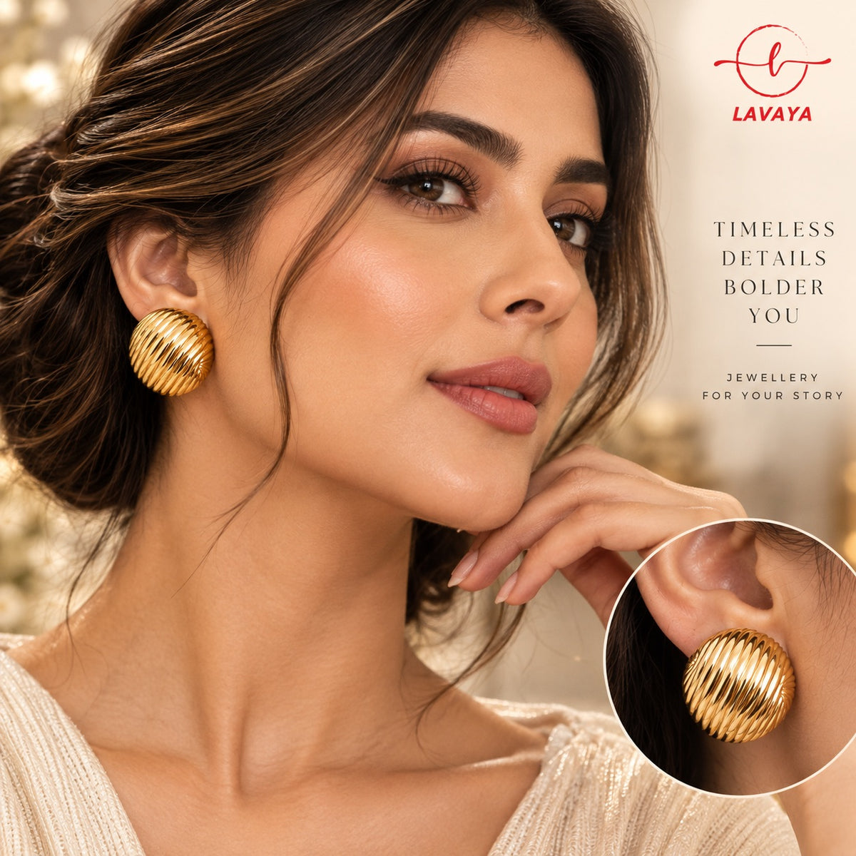 Lavaya Chunky Fluted Dome Gold Statement Stud Earrings