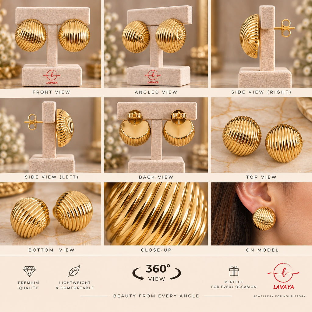 Lavaya Chunky Fluted Dome Gold Statement Stud Earrings