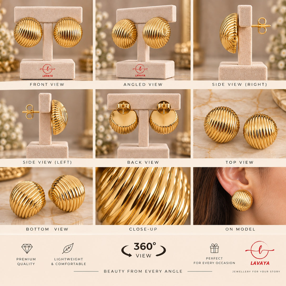 Lavaya Chunky Fluted Dome Gold Statement Stud Earrings