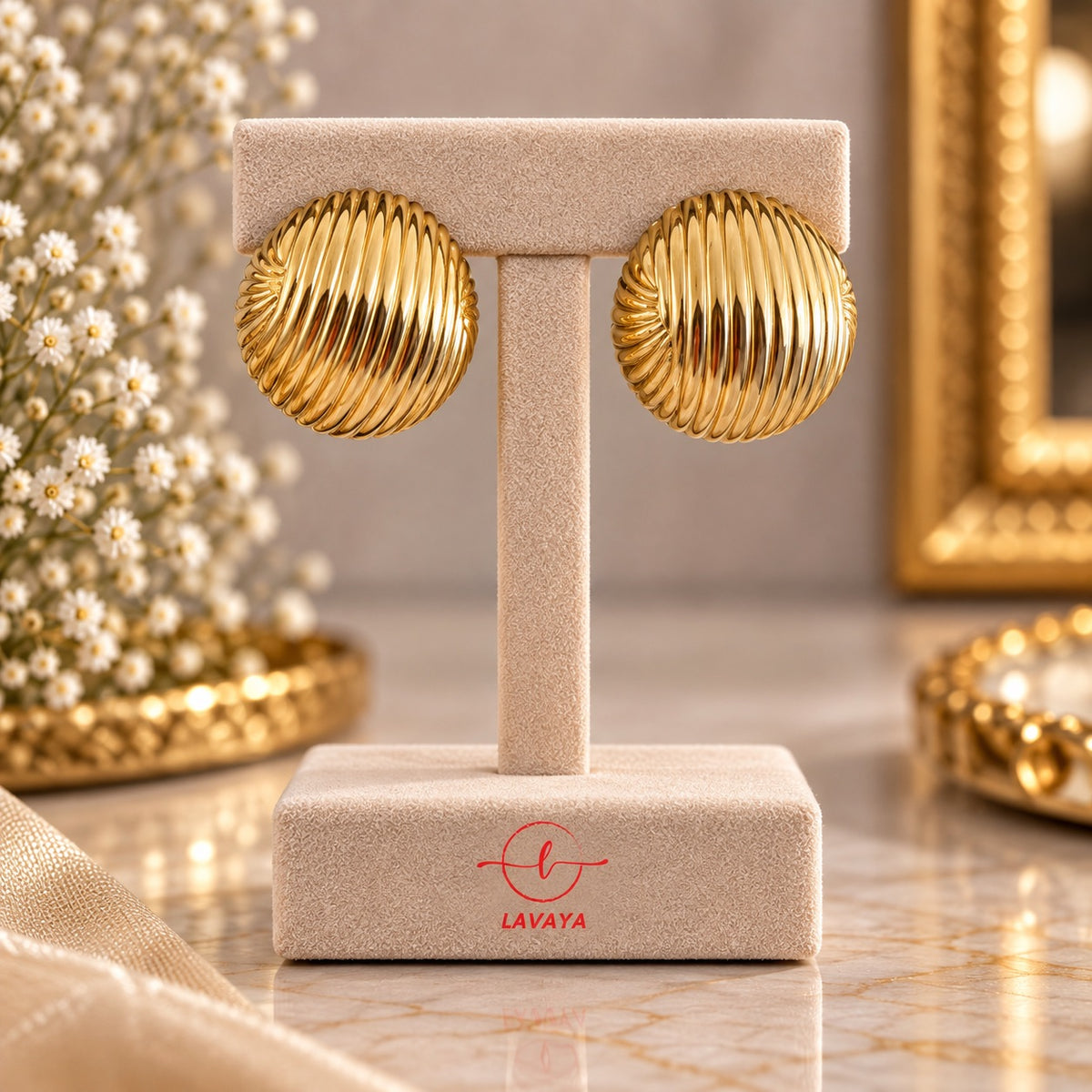 Lavaya Chunky Fluted Dome Gold Statement Stud Earrings