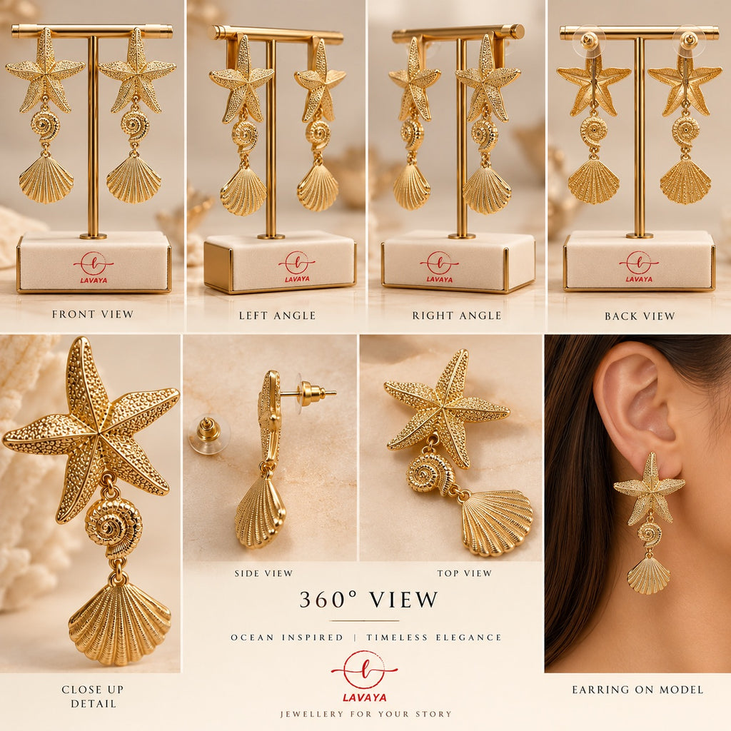 Sculpted Starfish, Spiral Conch & Fluted Seashell Cascading Drop Earrings in Textured Warm Gold Finish