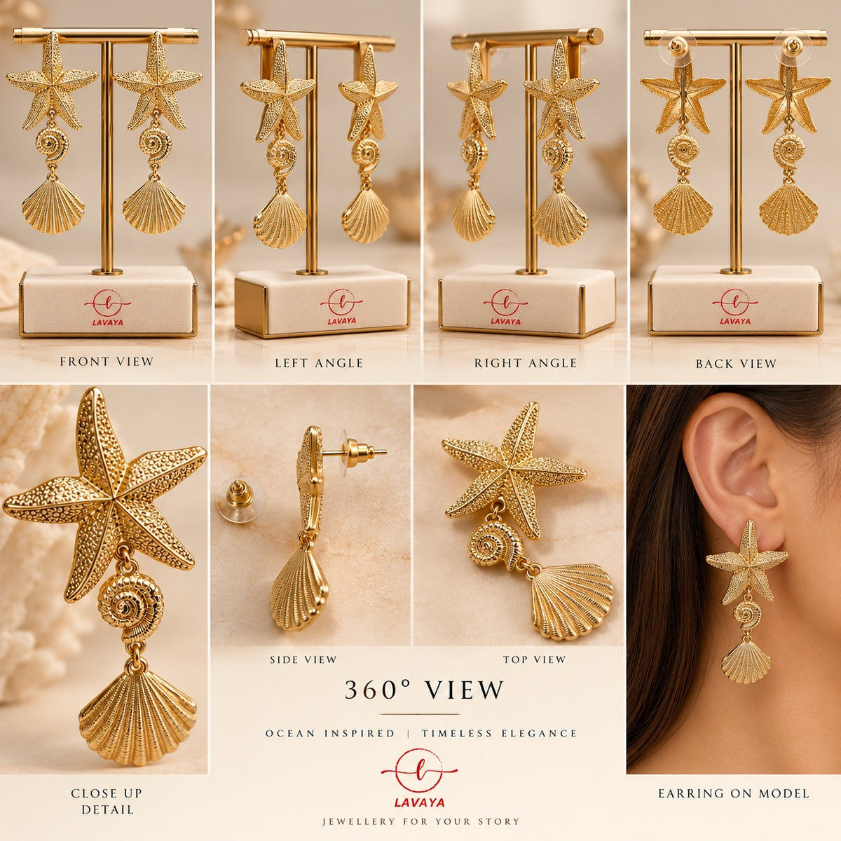 Sculpted Starfish, Spiral Conch & Fluted Seashell Cascading Drop Earrings in Textured Warm Gold Finish