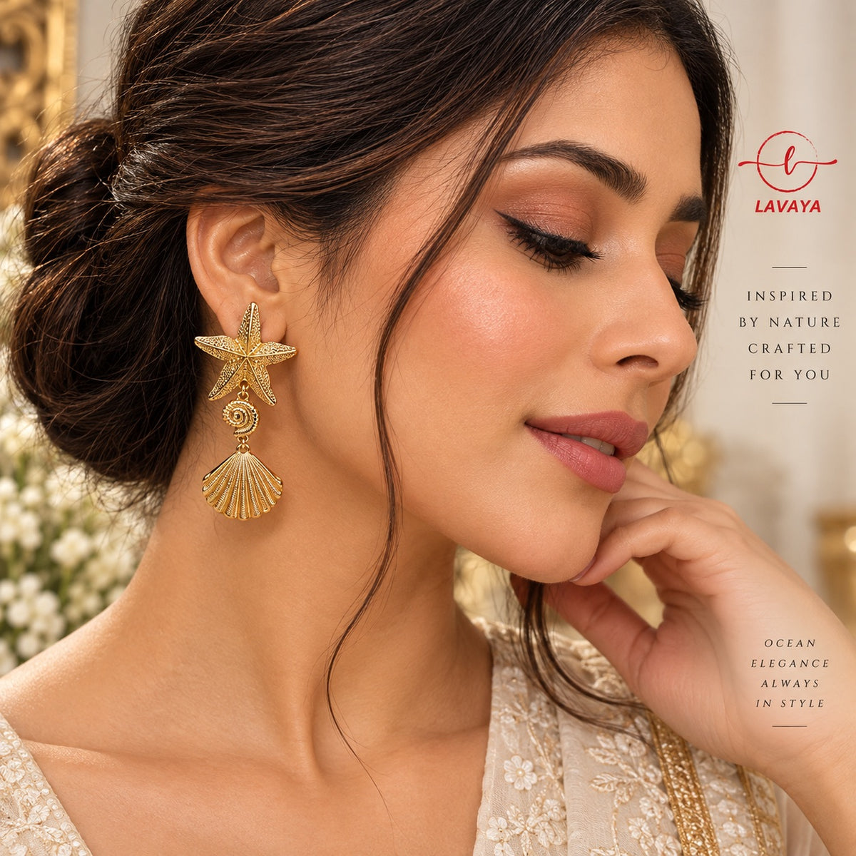 Sculpted Starfish, Spiral Conch & Fluted Seashell Cascading Drop Earrings in Textured Warm Gold Finish