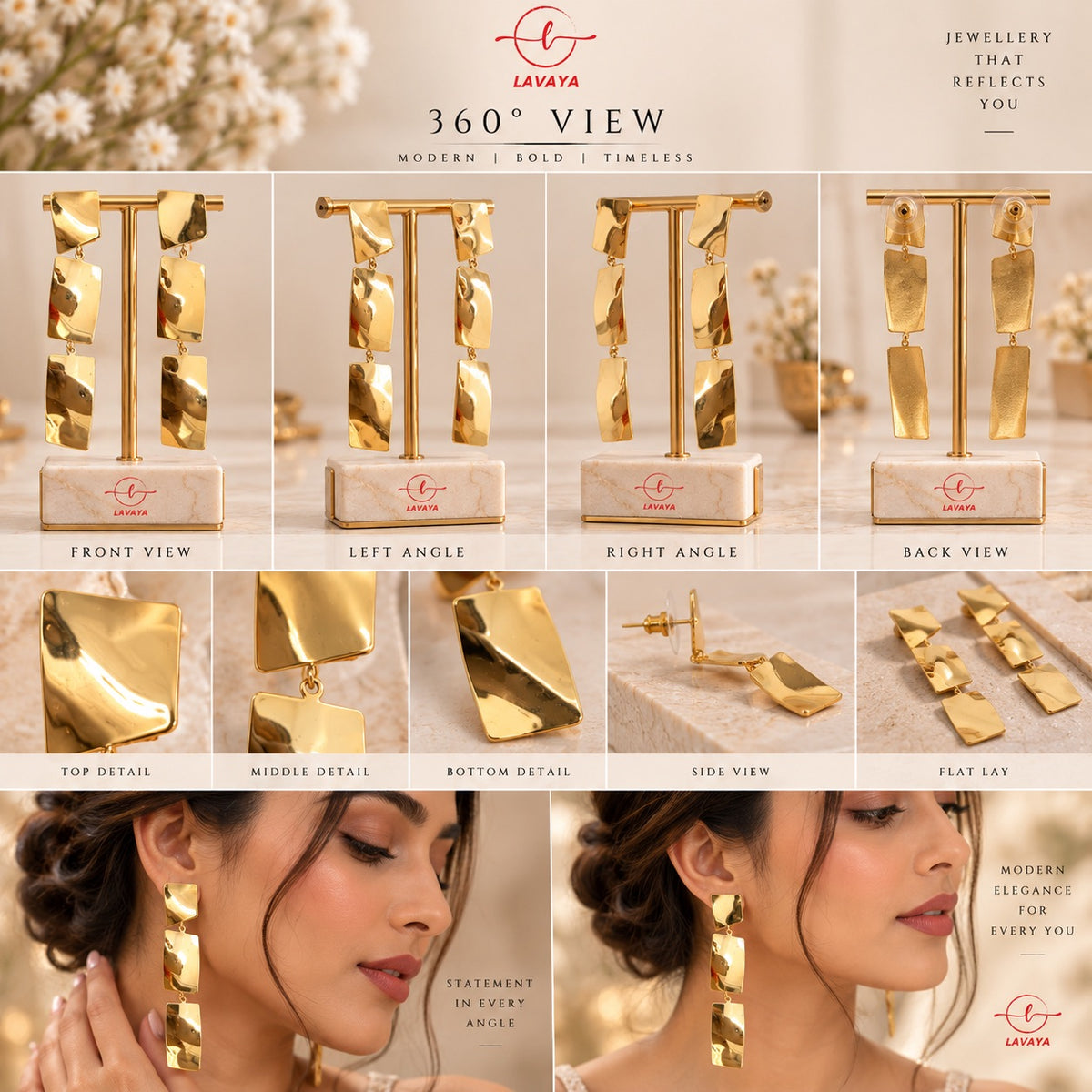 Lavaya Golden Radiance Triple Geometric Drop Earrings for Women | Elegant Hammered Gold-Tone Rectangular Statement Earrings