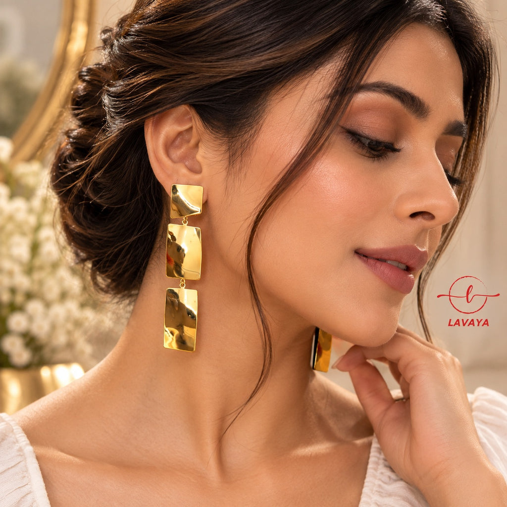 Lavaya Golden Radiance Triple Geometric Drop Earrings for Women | Elegant Hammered Gold-Tone Rectangular Statement Earrings