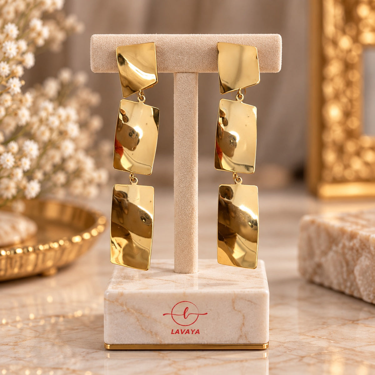 Lavaya Golden Radiance Triple Geometric Drop Earrings for Women | Elegant Hammered Gold-Tone Rectangular Statement Earrings