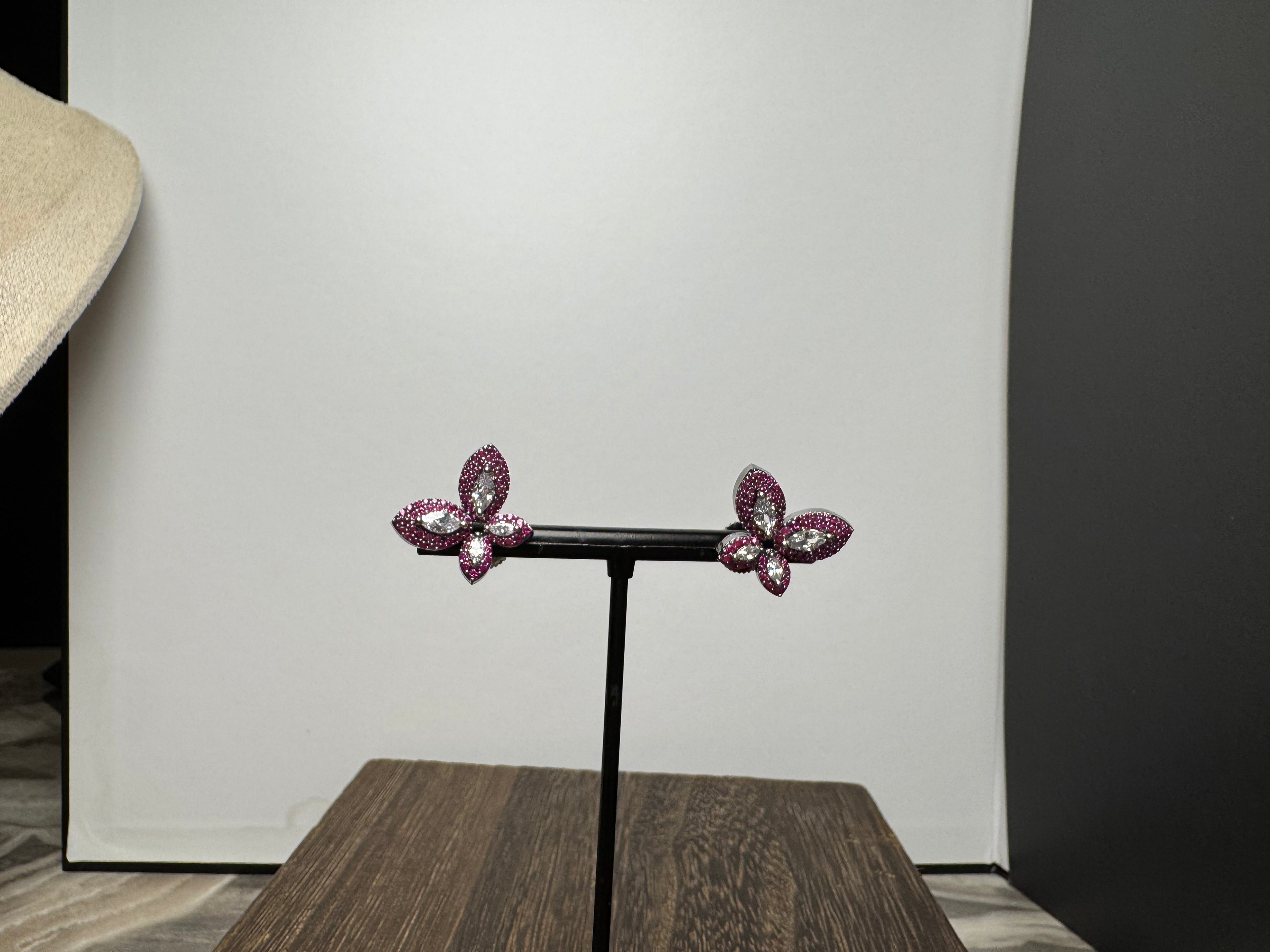 Lavaya The Gulnaar Bloom: Magenta Pink & Solitaire CZ Four-Petal Flower Collar Necklace Set with Matching Stud Earrings