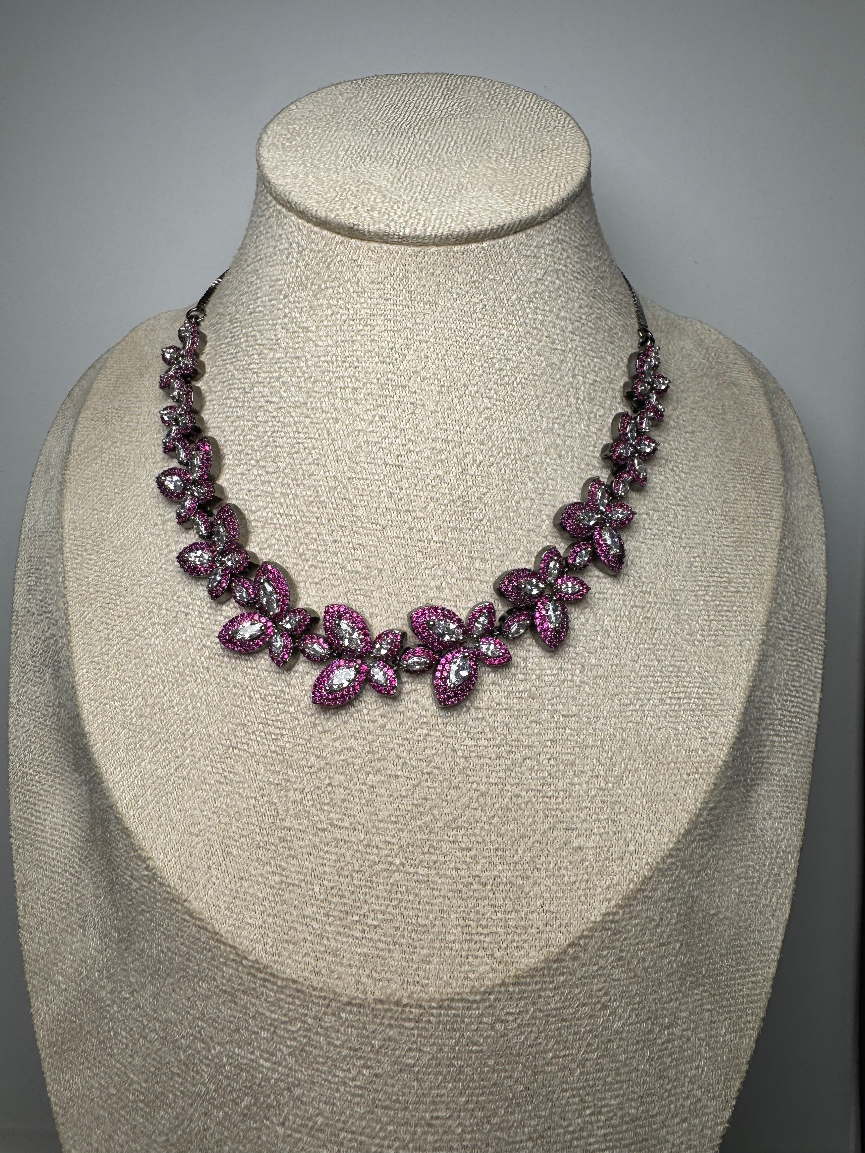 Lavaya The Gulnaar Bloom: Magenta Pink & Solitaire CZ Four-Petal Flower Collar Necklace Set with Matching Stud Earrings