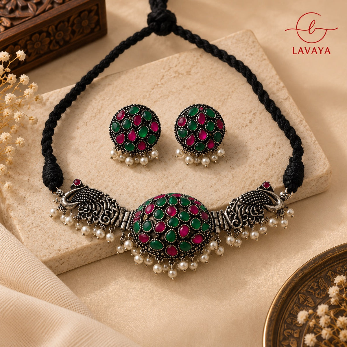 Oxidized Silver Peacock Choker Necklace Set with Pink & Green Kemp Stones