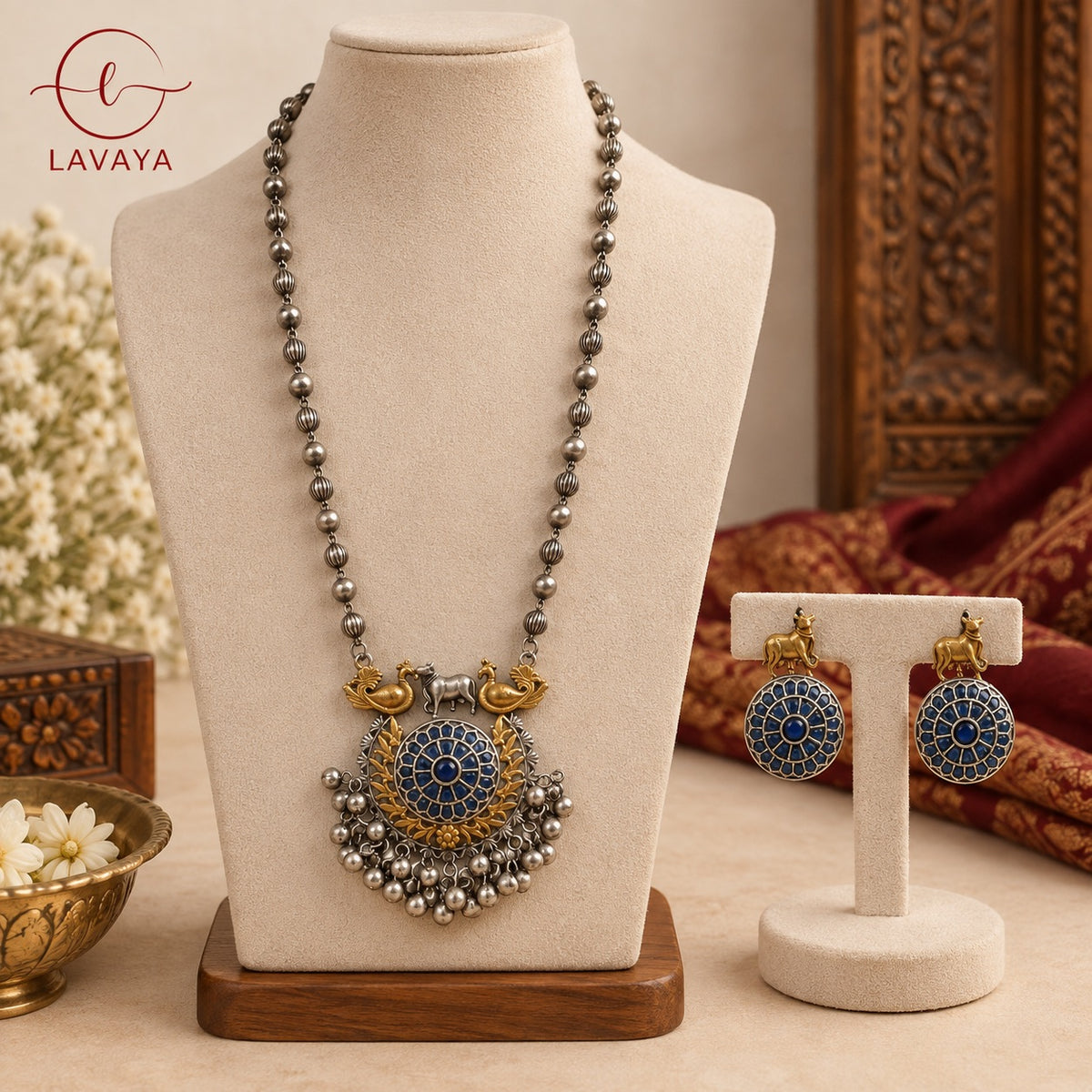 Dual-Tone Antique Cow & Peacock Statement Long Necklace Set with Blue Enamel